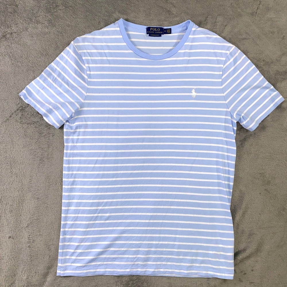 Polo Ralph Lauren T-Shirt Mens M Blue White Striped Custom Slim Fit Pony Logo